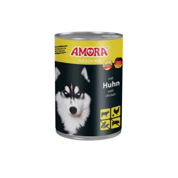Dose AMORA Hundefutter 'Fleisch Pur' mit Husky-Bild, beschriftet 'mit Huhn / with chicken'.