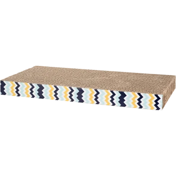 Griffoir en carton pour chat avec une surface texturée et un motif zigzag coloré sur le côté en bleu, jaune et blanc.