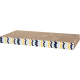 Cardboard cat scratcher with a textured surface and a colorful zigzag pattern on the side in blue, yellow, and white.