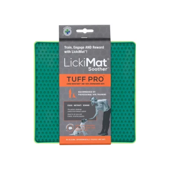 LickiMat Soother Tuff Pro, eine kauresistente Futtermatte für Haustiere, mit einer strukturierten Oberfläche zur Beschäftigung von Tieren. Empfohlen von Hundetrainern.
