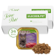 Verpackung für Katzenfutter mit "Emily's Feine Paté" und einem Bild einer grauen Katze, 100g Portionsgröße und dem Etikett "34 Stück."