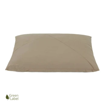 Ein beiges Haustierbett mit diagonaler Steppung, mit dem Logo "Doctor Bark" und einem "Green Label"-Emblem in der Ecke.