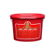 Roter Eimer mit der Aufschrift "Kevin Bacons Huf-Formel" mit Nährwertangaben und Anwendungshinweisen, enthält 5 kg Produkt.