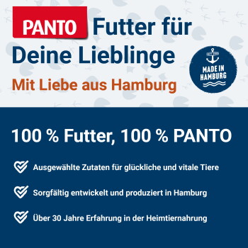 PANTO-Tierfutter-Banner: 'Futter für Deine Lieblinge' und 'Mit Liebe aus Hamburg', Siegel 'Made in Hamburg', '100% Futter, 100% PANTO'.