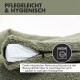Grünes Haustierbett mit einem Reißverschluss für abnehmbaren Bezug, mit dem Text: "Pflegeleicht & hygienisch" und Pflegehinweisen für das Waschen bei 30°C.