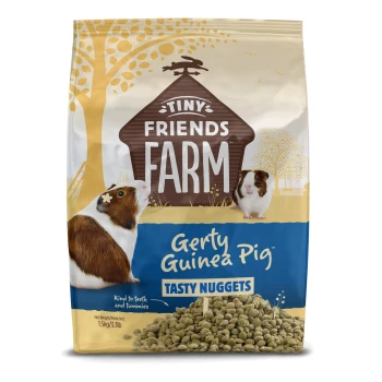 Bag of Tiny Friends Farm Gerty Guinea Pig Tasty Nuggets food, 1.5kg, with guinea pig images and tree illustration.