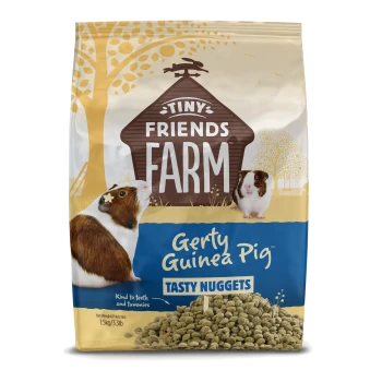 Bag of Tiny Friends Farm Gerty Guinea Pig Tasty Nuggets food, 1.5kg, with guinea pig images and tree illustration.