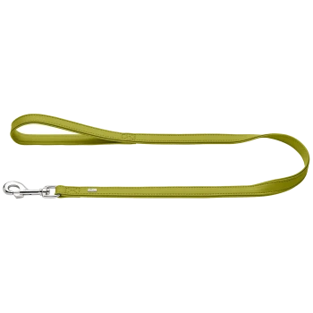 Limonengrüne, gepolsterte Hundleine mit gesteppter Kante, silbernem Schnapphaken und kleinem rechteckigem Metall-Markenschild.