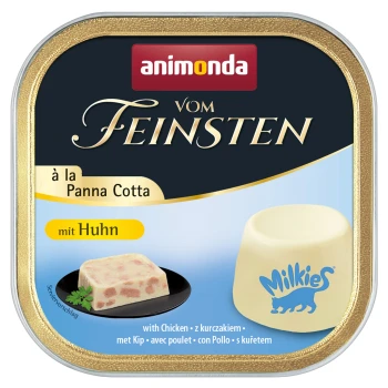 Verpackung für Nassfutter für Katzen mit "animonda vom Feinsten" im Panna Cotta Stil, Hühnergeschmack und einer visuellen Darstellung des Produkts.