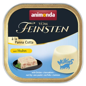 Verpackung für Nassfutter für Katzen mit "animonda vom Feinsten" im Panna Cotta Stil, Hühnergeschmack und einer visuellen Darstellung des Produkts.