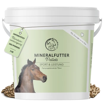 Ein 3 kg Eimer mit Animaly Mineralfutterpellets für Pferde, mit einem Pferdekopf auf dem Etikett und einem Tag, der besagt: "Unterstützt die Nährstoffversorgung."