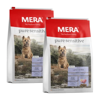 Pure Sensitive Mini Adult Lamm & Reis 2x4 kg Zwei Beutel MERA pure sensitive Hundefutter für kleine erwachsene Hunde, mit einem Hund auf der Vorderseite, gekennzeichnet mit "Lamm & Reis".