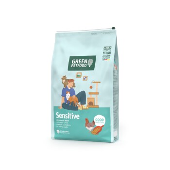 Grünes Petfood Sensitive Katzenfutter für ausgewachsene Katzen mit Insekten und Huhn, gute Verdauung, Urin-pH-Kontrolle, deutsche Qualität.