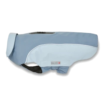 Blauer und hellblauer Wolters Hunderegenmantel mit Reißverschlusstasche und reflektierendem Besatz, für kleine bis mittelgroße Hunde.