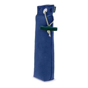Blauer Canvas-Hundetrainingsdummy mit Seil und grünem Knebelverschluss, beschriftet mit "R R" und "Quarters"-Etikett.