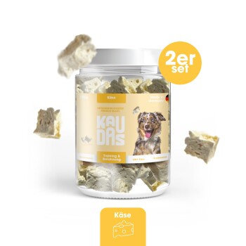 Glas mit KAUDAS gefriergetrockneten Käse-Hundeleckerlis (150g) für Training und Belohnungen, mit einem verspielten Hund, hergestellt in Deutschland.