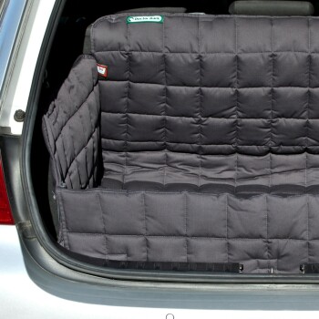 Ein gepolsterter schwarzer Autositzbezug für Haustiere mit gestepptem Design, passend im Rücksitz eines Fahrzeugs, mit der Aufschrift "Doctor Bark."