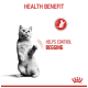 A gray cat standing on its hind legs, with the text "HEALTH BENEFIT" and "HELPS CONTROL BEGGING" in red.