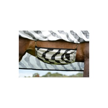 Ein Pferd mit einem zebra-musternden Bauchband, das mit Clips gesichert ist, unter einer passenden zebra-gestreiften Decke.