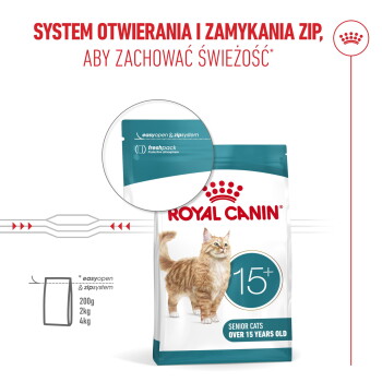 Opakowanie karmy Royal Canin dla kotów senior 15+ z pomarańczowym kotem, wyróżnione 'easyopen' i 'zip system' oraz polski nagłówek o systemie zamknięcia.