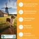 Hund steht auf Gras neben einer Windmühle mit Text, der umweltfreundliche Geschäftspraktiken auf Deutsch hervorhebt.