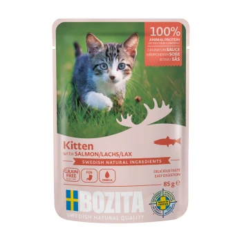 Kittenfutterbeutel mit Lachs, mit der Aufschrift "100% Tierprotein," mit Details zu getreidefrei und leicht verdaulich. 85g.