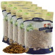Fünf Beutel Lyra Pet Nature Power getrocknete Mehlwürmer mit einem Haufen Mehlwürmer davor, gekennzeichnet mit 100 % natürlich und hohem Proteingehalt.