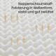 Weißer Noppenschaumstoff mit gewellten Spitzen und Luftstrompfeilen; deutscher Text: 'Noppenschaumstoff...stabil und gut belüftet'