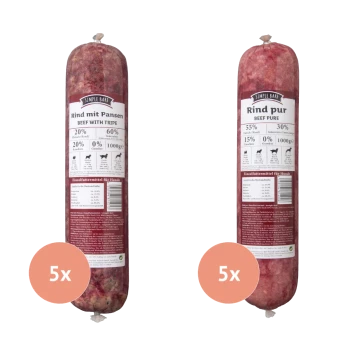 Zwei zylindrische Verpackungen von Hundefutter mit der Aufschrift "Rind mit Pansen" und "Rind pur", jeweils mit Nährwertinformationen.