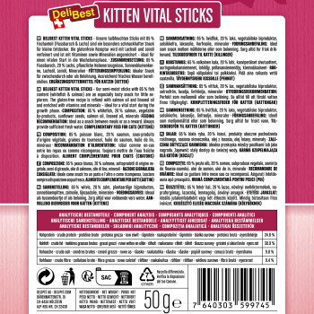 Rückseite der DeliBest Kitten Vital Sticks-Packung mit Produktname, mehrsprachigen Fütterungshinweisen, Analyse, Barcode und 50 g