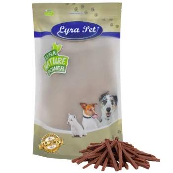Lyra Haustier Hundeleckerlis Verpackung mit beigem Hintergrund, mit einem Hund, einer Katze und einem weißen Hund, beschriftet "Lyra Nature Power" mit einem Qualitätssiegel.