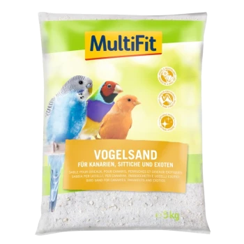 A bag of MultiFit bird sand labeled "VOGELSAND" for canaries, parakeets, and exotic birds, featuring colorful birds on the front.