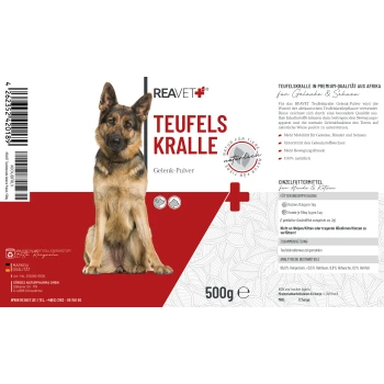 Behälter mit REAVET Teufelskralle Gelenk-Pulver für Hunde, mit einem Deutschen Schäferhund auf dem Etikett, 500g Größe.
