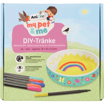 Colorful DIY pet drinking bottle kit with a rainbow design, includes waterproof paints and features a child and birds illustration.