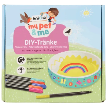 Colorful DIY pet drinking bottle kit with a rainbow design, includes waterproof paints and features a child and birds illustration.