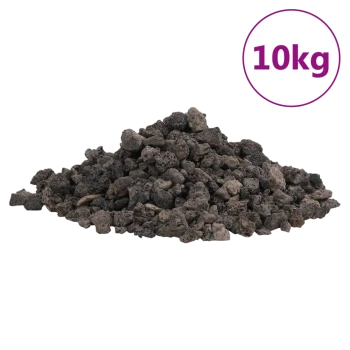 Ein Haufen schwarzer vulkanischer Gesteinsgranulate, beschriftet mit "10kg" in einem lila Kreis, geeignet für die Haustierpflege oder den Gartenbau.