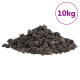 Ein Haufen schwarzer vulkanischer Gesteinsgranulate, beschriftet mit "10kg" in einem lila Kreis, geeignet für die Haustierpflege oder den Gartenbau.