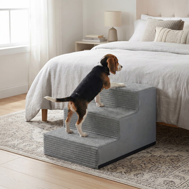 FEANDREA Hundetreppe, 2/3/4/5 Stufen Haustiertreppe aus grauem Cordstoff Waschbar hellgrau L