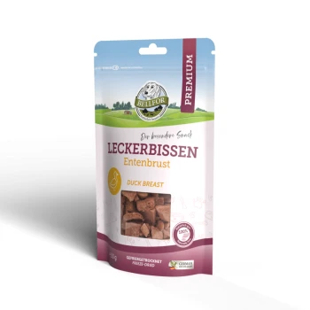 Leckerbissen für Hunde mit Entenbrust - 50g Eine Premium-Hundeleckerei-Verpackung mit gefriergetrockneter Entenbrust, beschriftet mit "Leckerbissen Entenbrust", mit einem Gewicht von 50g.