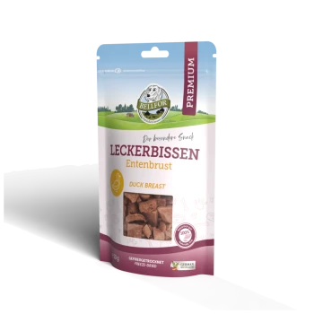 Eine Premium-Hundeleckerei-Verpackung mit gefriergetrockneter Entenbrust, beschriftet mit "Leckerbissen Entenbrust", mit einem Gewicht von 50g.