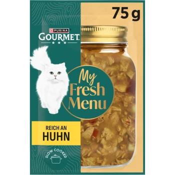Purina Gourmet My Fresh Menu 75g Katzenfutterverpackung: weiße Langhaarkatze, Glas mit Hühnereintopf, 'Reich an Huhn' und 'Slow Cooked'.