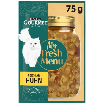 Purina Gourmet My Fresh Menu 75g Katzenfutterverpackung: weiße Langhaarkatze, Glas mit Hühnereintopf, 'Reich an Huhn' und 'Slow Cooked'.