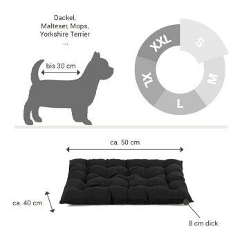 Schwarzes Haustierbett mit gepolstertem Design, mit einem weißen "Doctor Bark"-Logo und einem orangefarbenen Temperaturetikett.