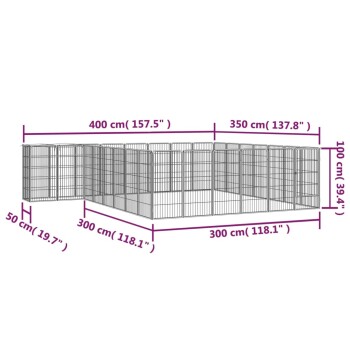 Diagramm eines großen Haustier-Spielzauns mit beschrifteten Abmessungen: 400 cm (157,5"), 350 cm (137,8"), 300 cm (118,1"), und Höhe 100 cm (39,4").