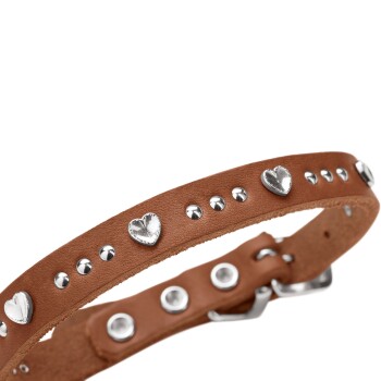 Braunes Lederhalsband für Haustiere mit silbernem Herz, runden Nieten und Metallschnalle.
