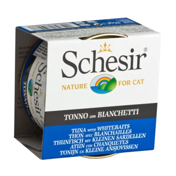 Schesir Katzenfutter-Dosenverpackung mit "Thunfisch mit weißen Sardellen" in mehreren Sprachen, mit einem bunten Logo und Produktdetails.