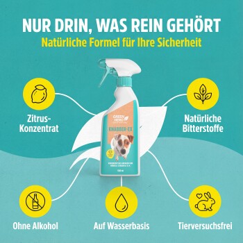 Etikett für Green Hero Knabber-EX, ein Haustierprodukt für Hunde und Katzen, mit einem kleinen Hundebild, Anwendungshinweisen und Zutaten.