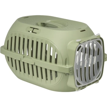 Hellgrüner Haustierträger mit Belüftungsschlitzen und einem sicheren Verschluss, entworfen für den Transport kleiner Tiere.