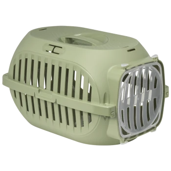Lichtgroene huisdierdrager met ventilatiesleuven en een veilige sluiting, ontworpen voor het vervoeren van kleine dieren.