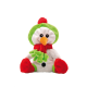 Ein plüschiger Schneemann-Spielzeug mit grünem Hut, rotem Schal und leuchtend roten Füßen, lächelt mit schwarzen Knopfaugen und einer orangen Karottennase.